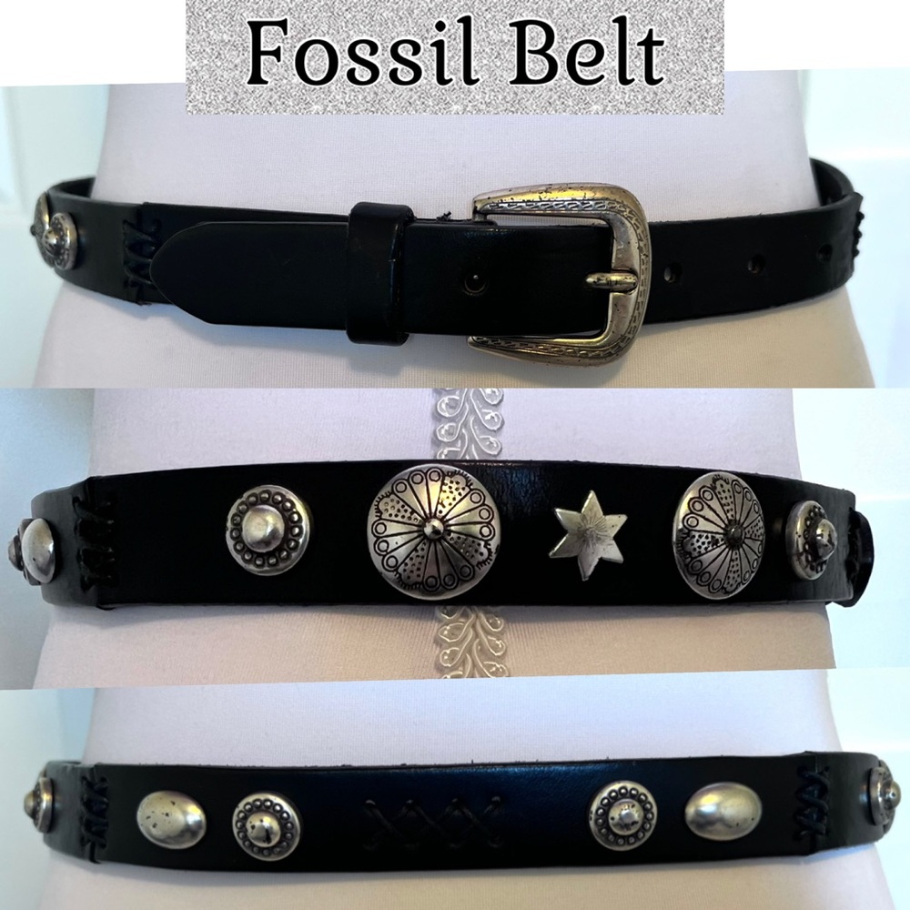 Fossil Vintage Leather Black Small Belt Silver tone Conchos Boho Western Rock